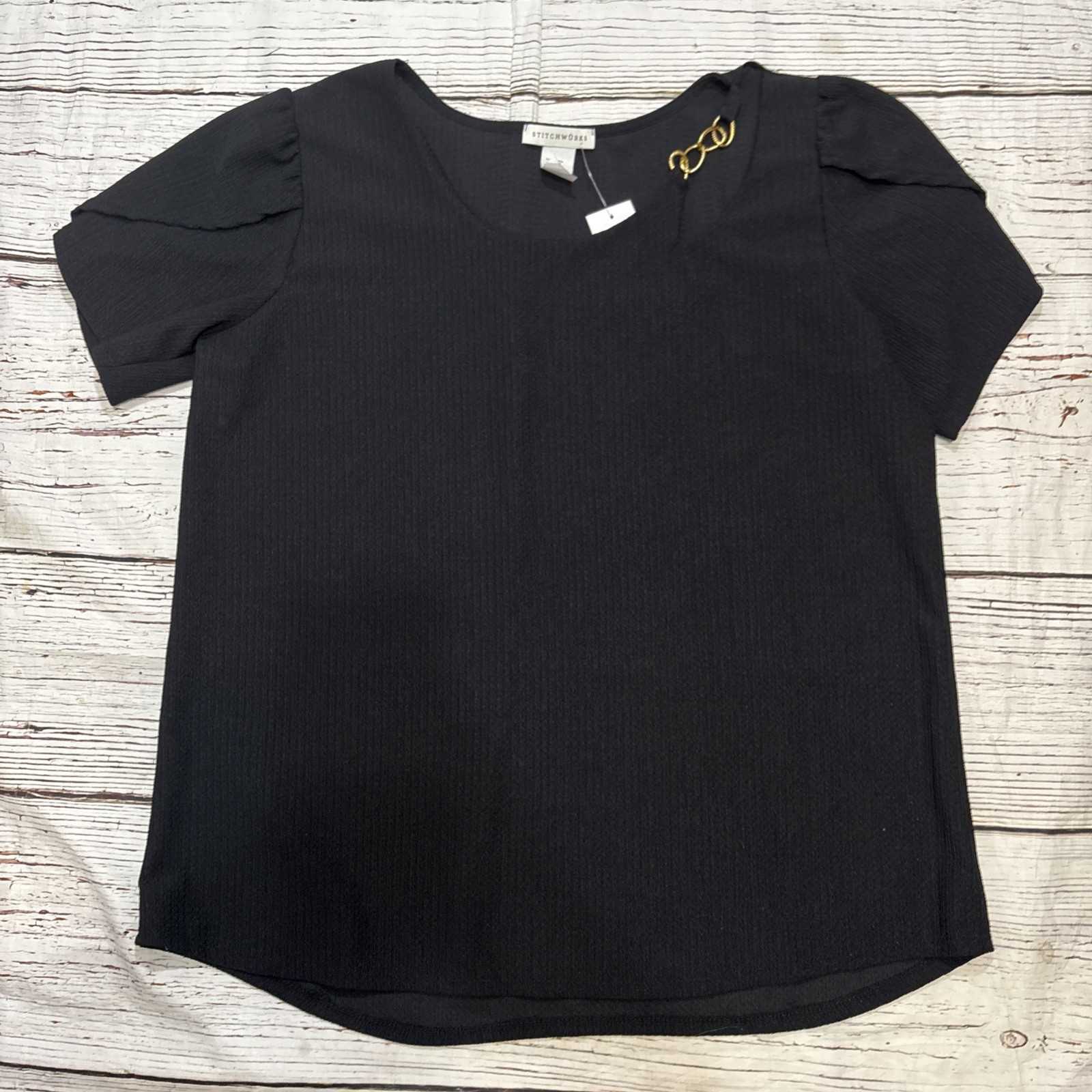 Stitchworks Black Gold Chain Blouse Women’s Short Sleeves Pullover Top NEW