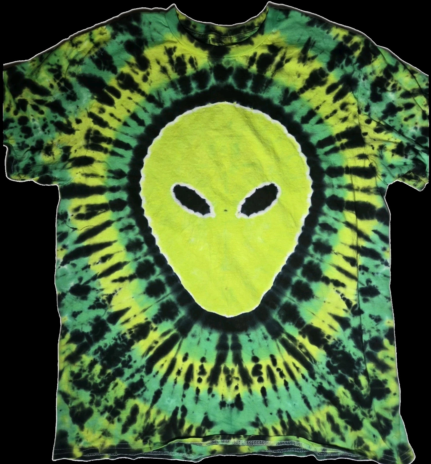 Adult Unisex Tie Dye Shirt – Unique Green Alien Head (Front Only). Made to Order