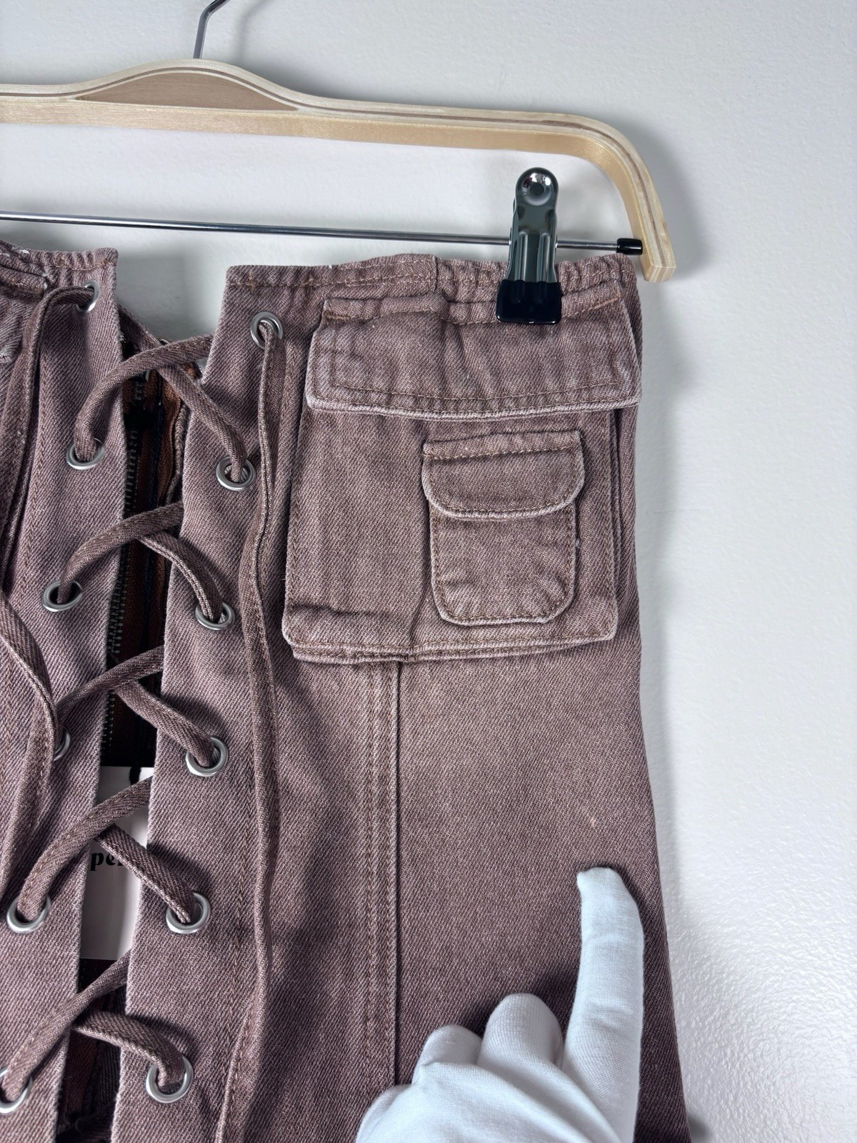 Superdown Revolve Jasmine Brown Lace Up Corset Strapless Denim Tube Top NWT