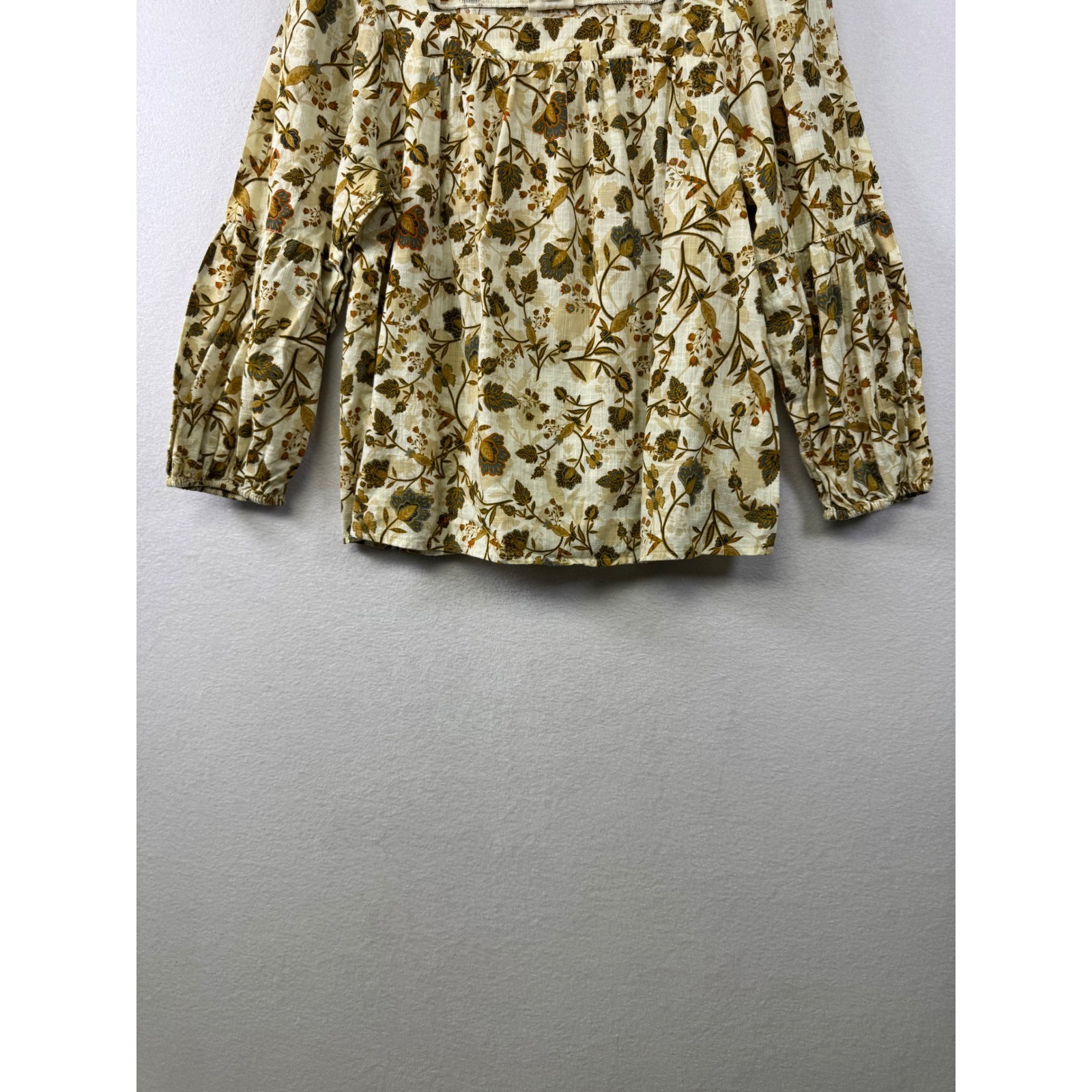 a.n.a Floral Square Neck Blouse Women Large Cream Mustard Boho Tiered Sleeve