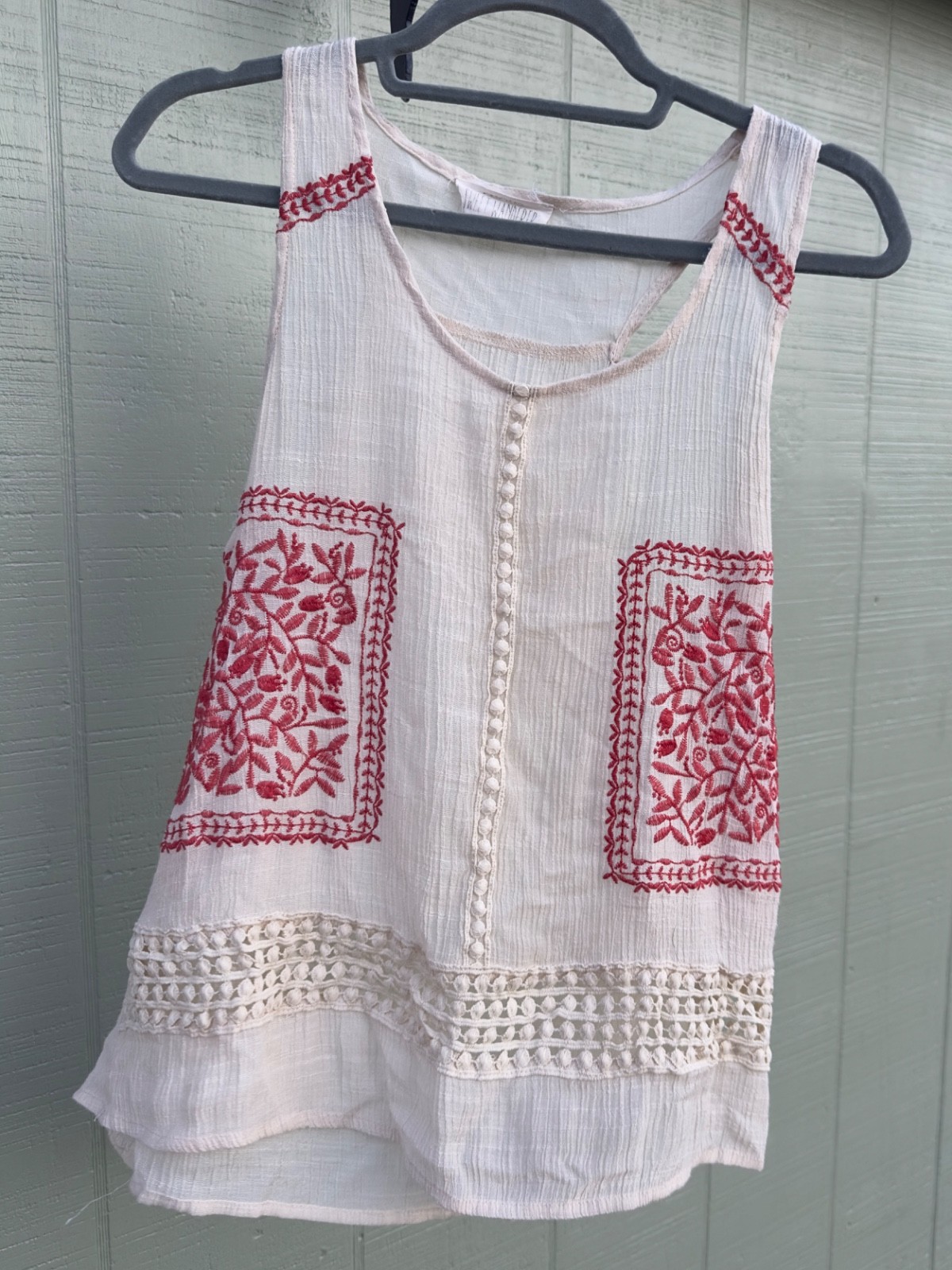 Sheer Gauzy Cream Crochet Top Red Floral Print Embroidery Sleeveless Size Large