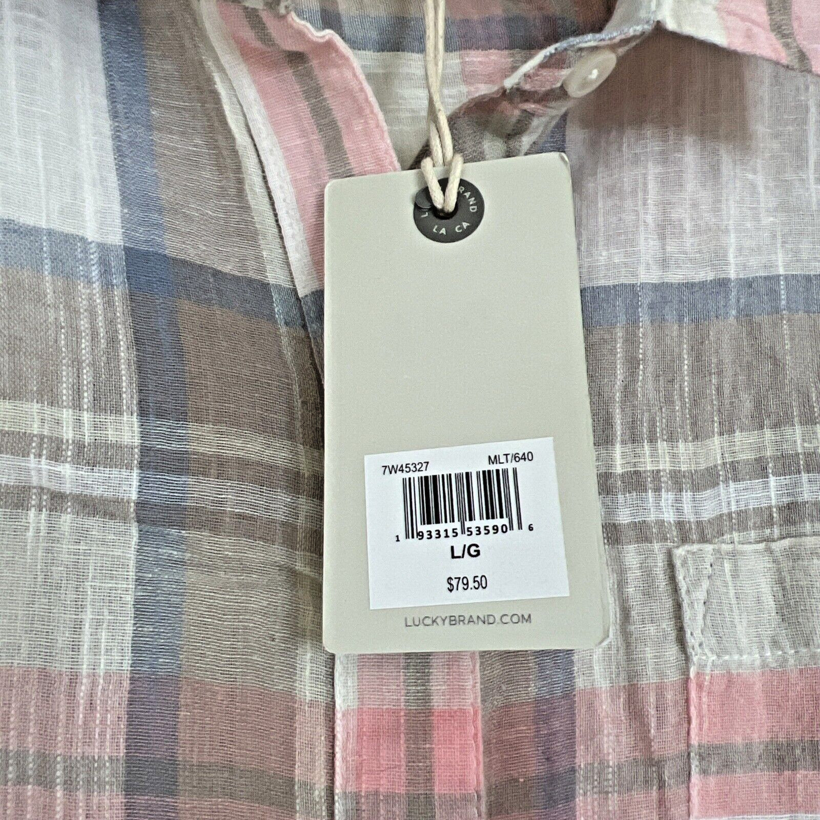 Lucky Brand Beige Pink Gray Plaid Gauze Button Long sleeve Shirt Womens sz L NWT
