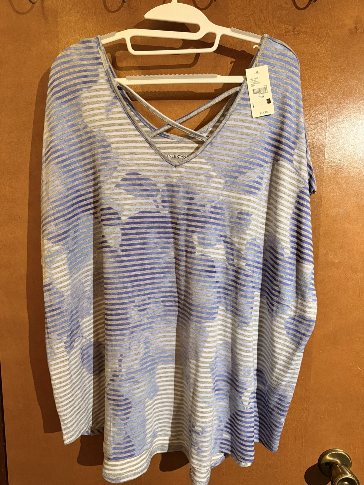 NWT LANE BRYANT Size 22/24 (2X) WOMEN’S Purple/Blue/Gray Stripe Top Criss Cross