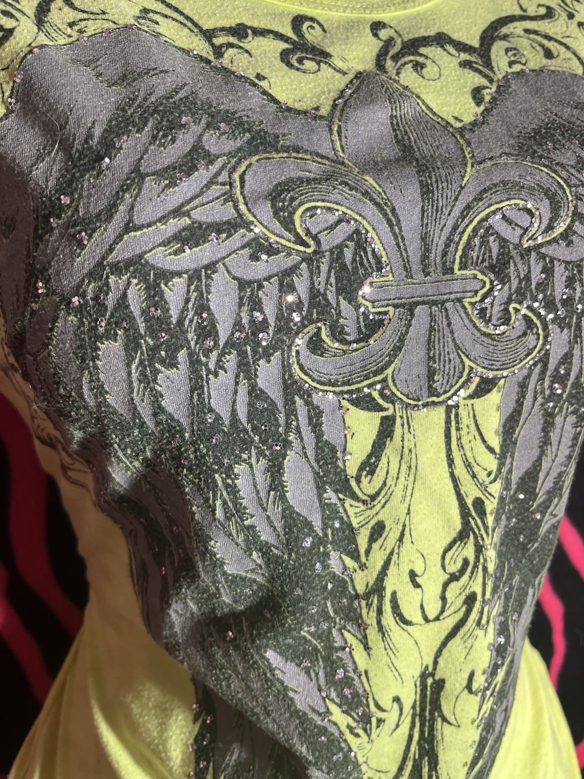 California Girls USA Graphic Tee Lime Green Black Print Rhinestones Women’s L