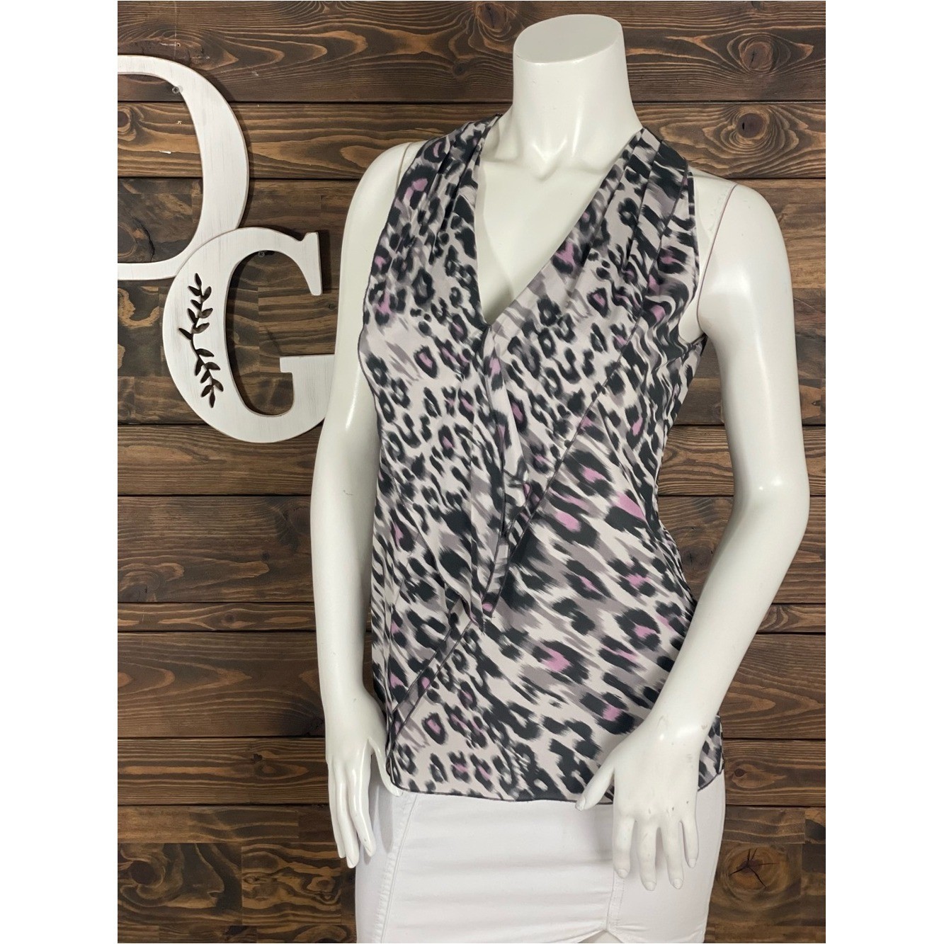Ann Taylor | Silk Sleeveless Surplice Leopard Animal Print Top Waterfall Ruffle