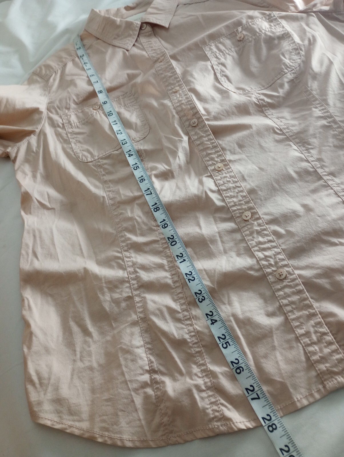 Chicos 2 Button Up Blouse Collared Shirt Long Tunic Pockets Front L Blush Tan