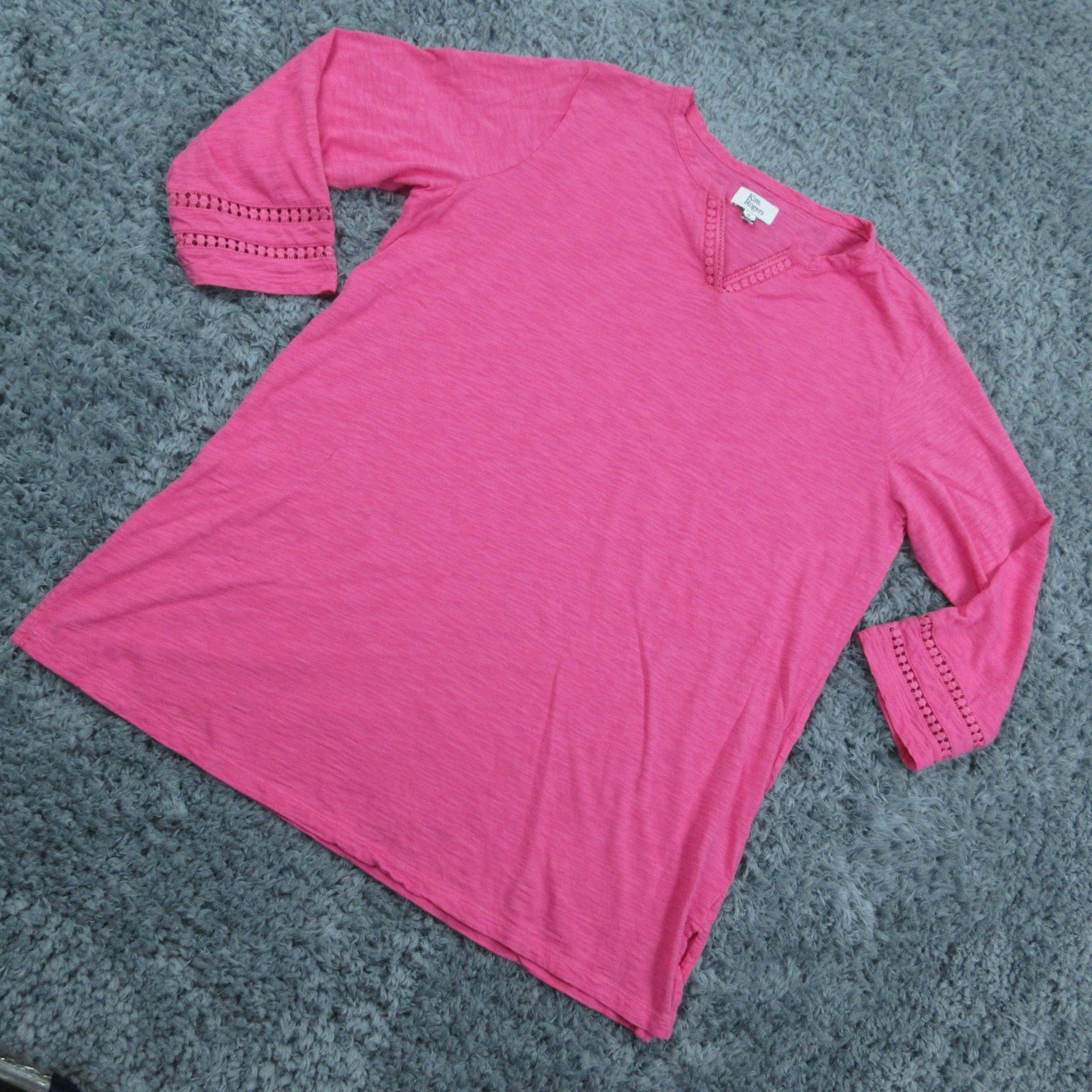 Kim Rogers Top Womens Medium Pink 3/4 Sleeve Tunic Boho Crochet Trim Lightweight