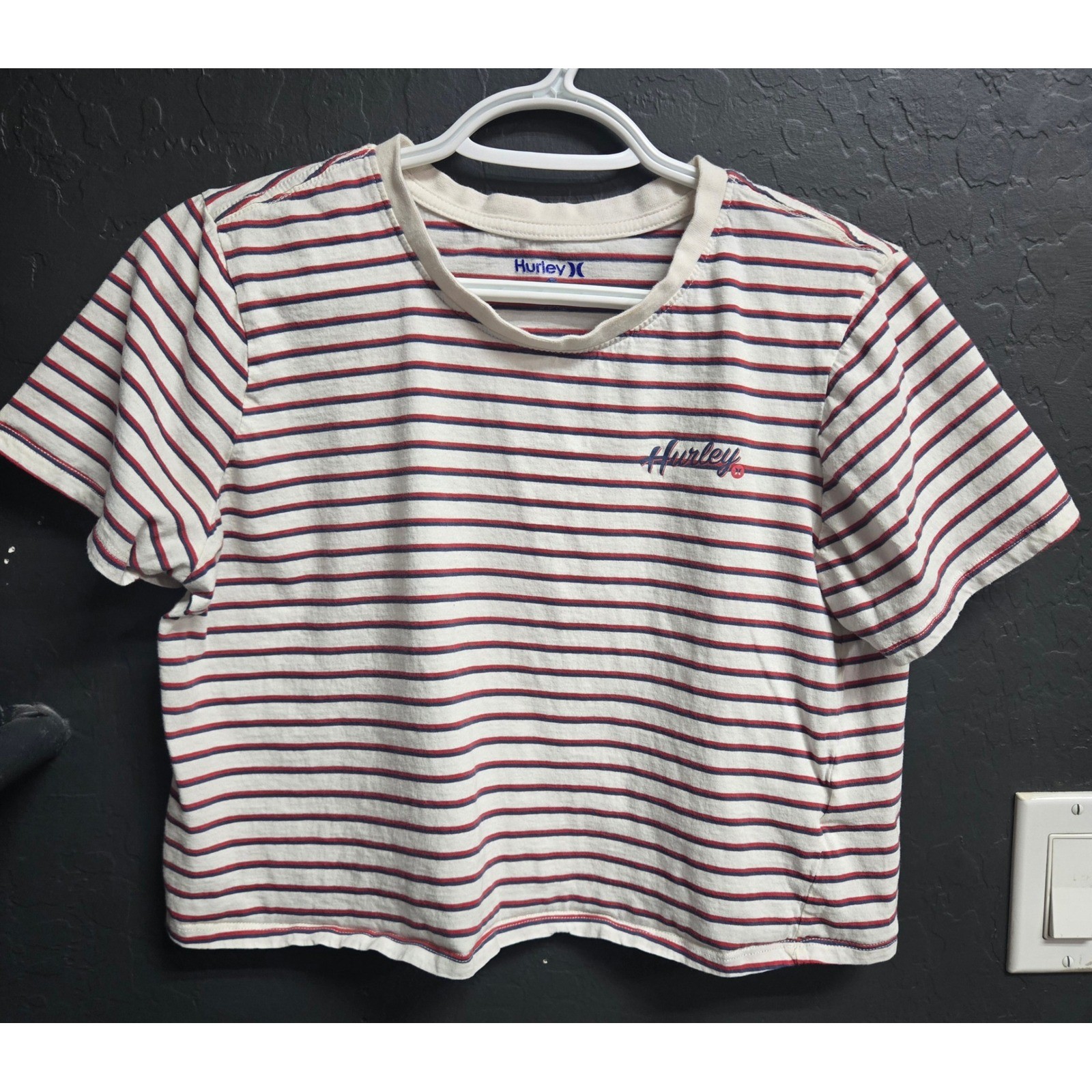 Hurley Womens Striped Crop Top T-Shirt Navy Red White Cotton Size L