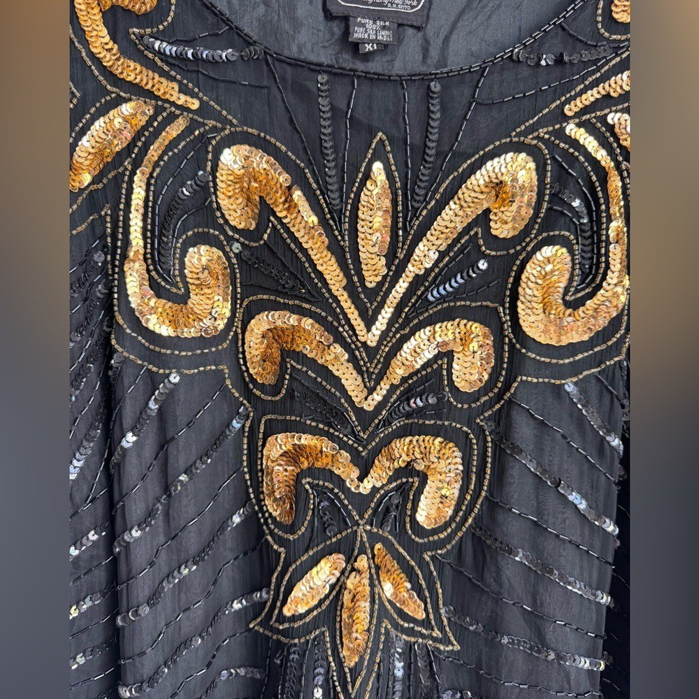 Vintage Jean for Joseph Le Bon 100% Pure Silk Black Sequin Top Women XL Gold
