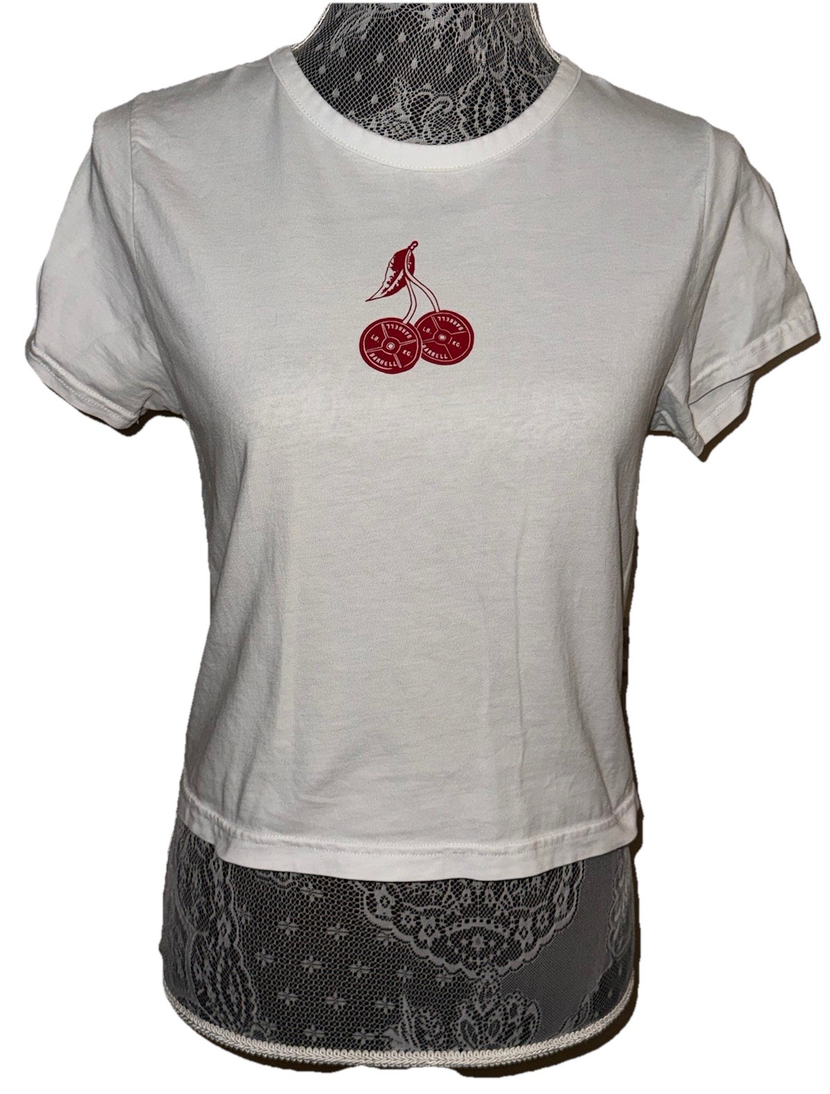 Medium Gymshark Shirt White Graphic Cropped Crew Neck Pullover Barbell Cherry