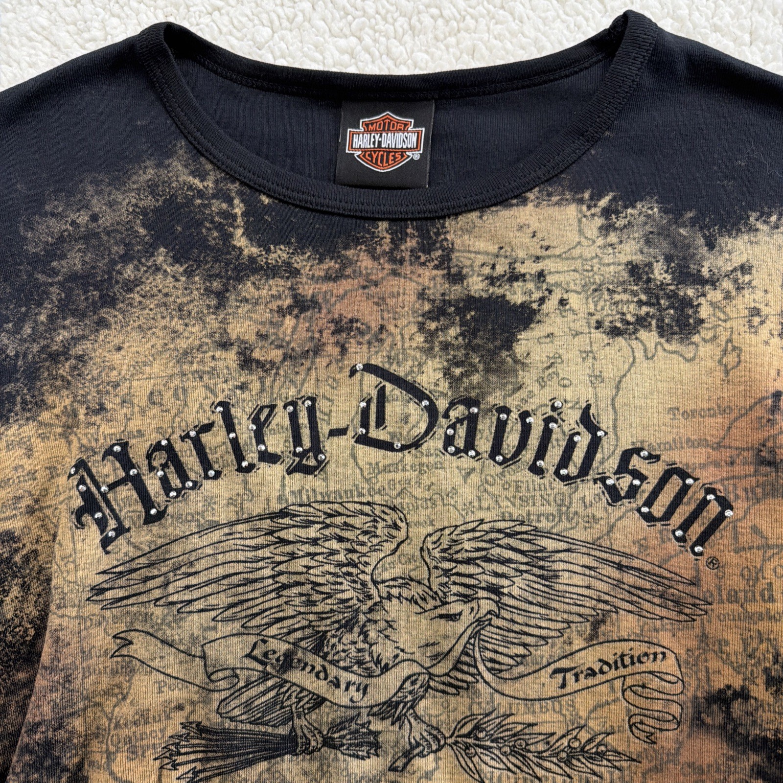 Harley Davidson Y2K Eagle Rhinestone Bleach Wash Smoky Mountain Womens M