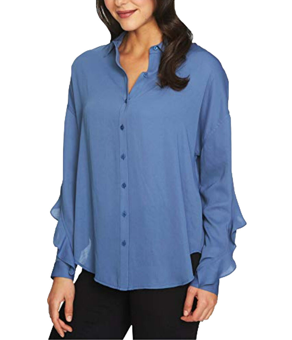 1.STATE Womens Ruffled Button-Up Shirt, Blue, M/L – Retail $89