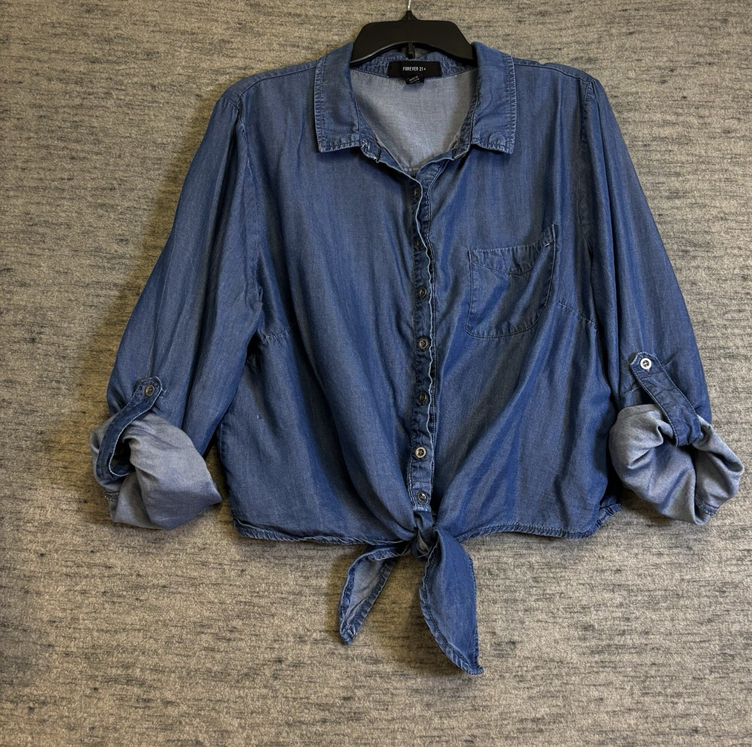 Forever 21 Button-Up Blouse 2X Chambray Tie Front Crop Button Western Festival