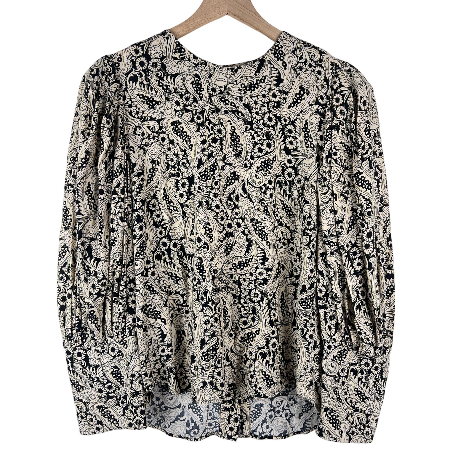Zara Black Cream Metallic Paisley Printed Puff Sleeve Blouse Size Small