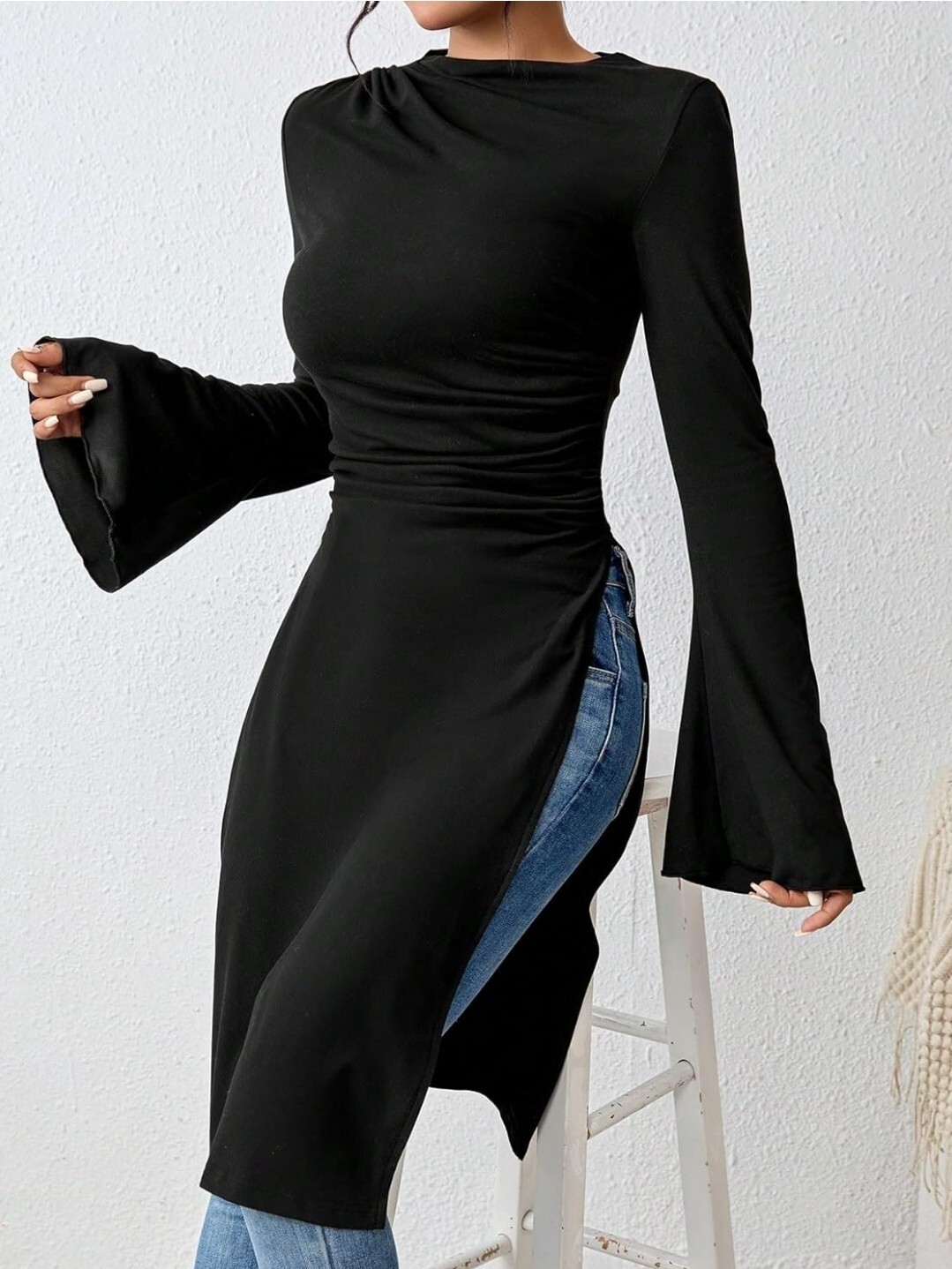 Women’s Black Drawstring Side Style Flounce Long Sleeve Split Thigh Shirt Top L