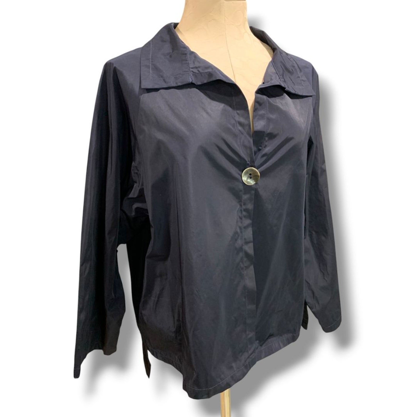 One Size Planet by Lauren G Womens Navy Blue Single Button Shirt Lagenlook