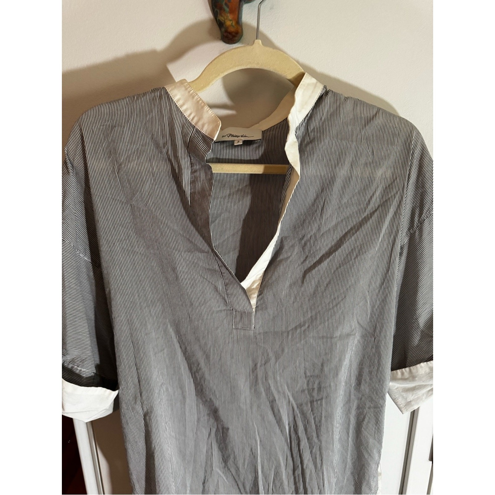 3.1 Phillip Lim Blue Gray Pinstripe Tunic with White Trim