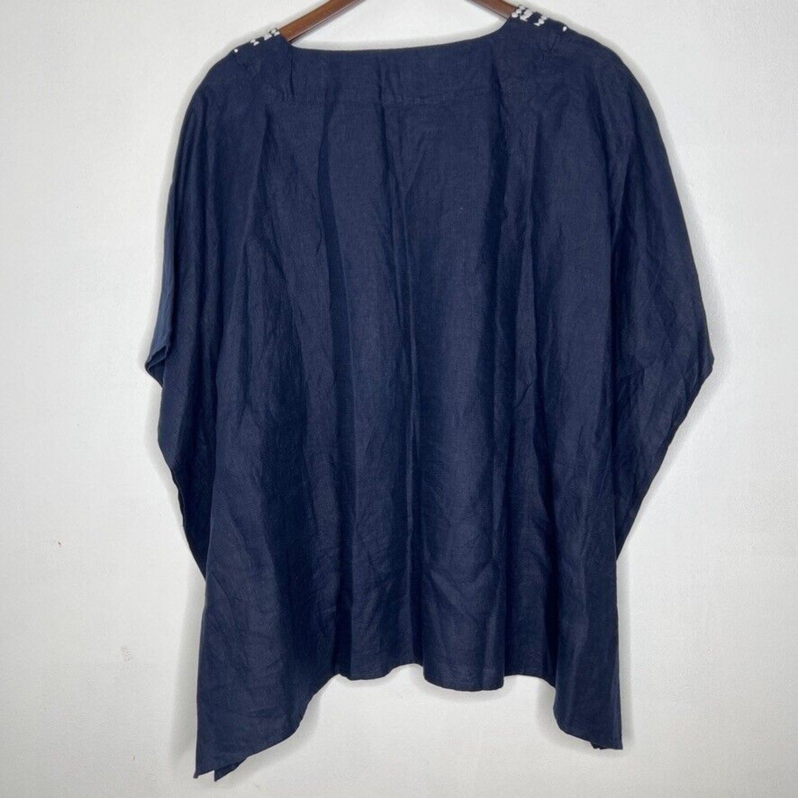 Talbots Navy Blue 100% Linen Embroidered Poncho V-neck Poncho Top L Women’s