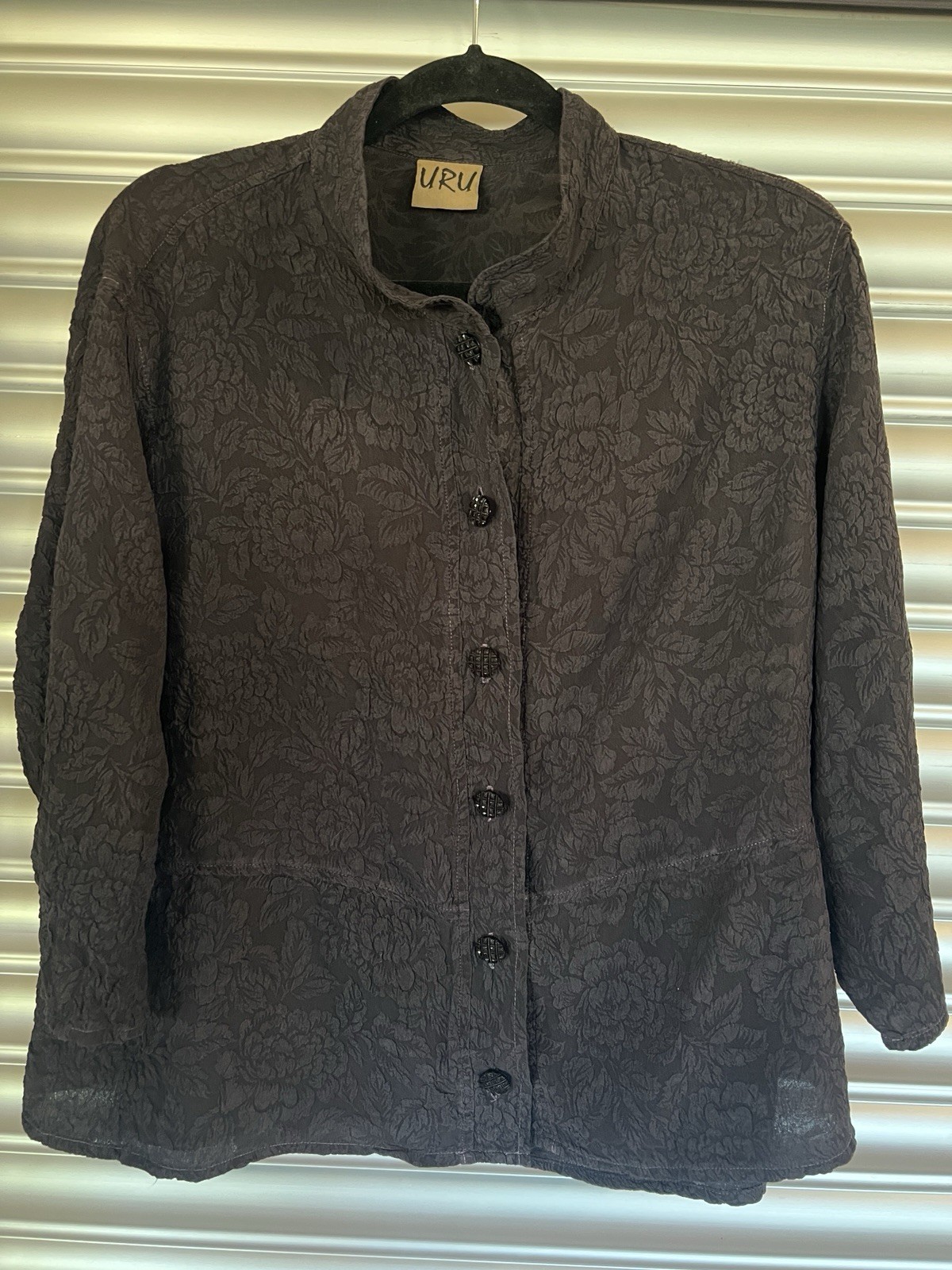 Vtg URU 100% Silk Textured Floral Embossed Button Black Blouse OS