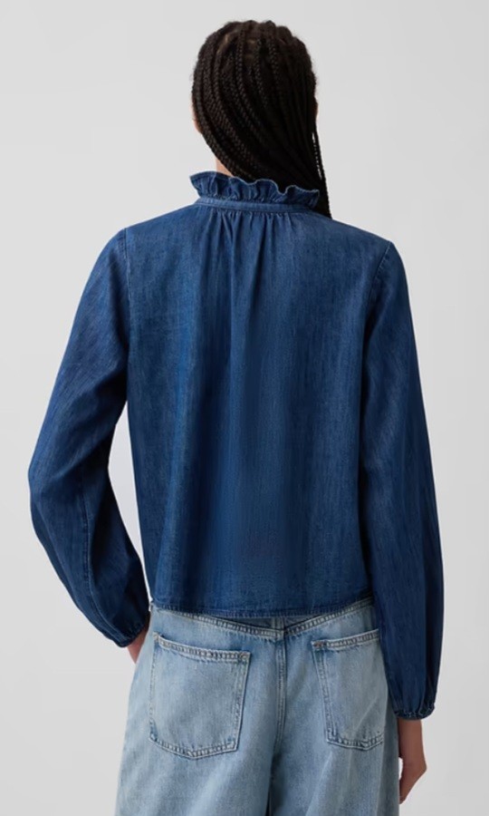 NWT Gap Relaxed Denim Blouse, M, Dark Wash, Ruffle Neck, Button Front, Western