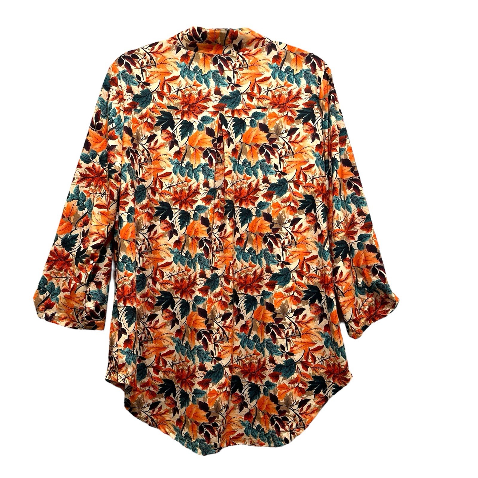Sterling Creek Fall Leaf Print Boho Artsy V-Neck 3/4 Sleeve Stretch Shirt Sz M