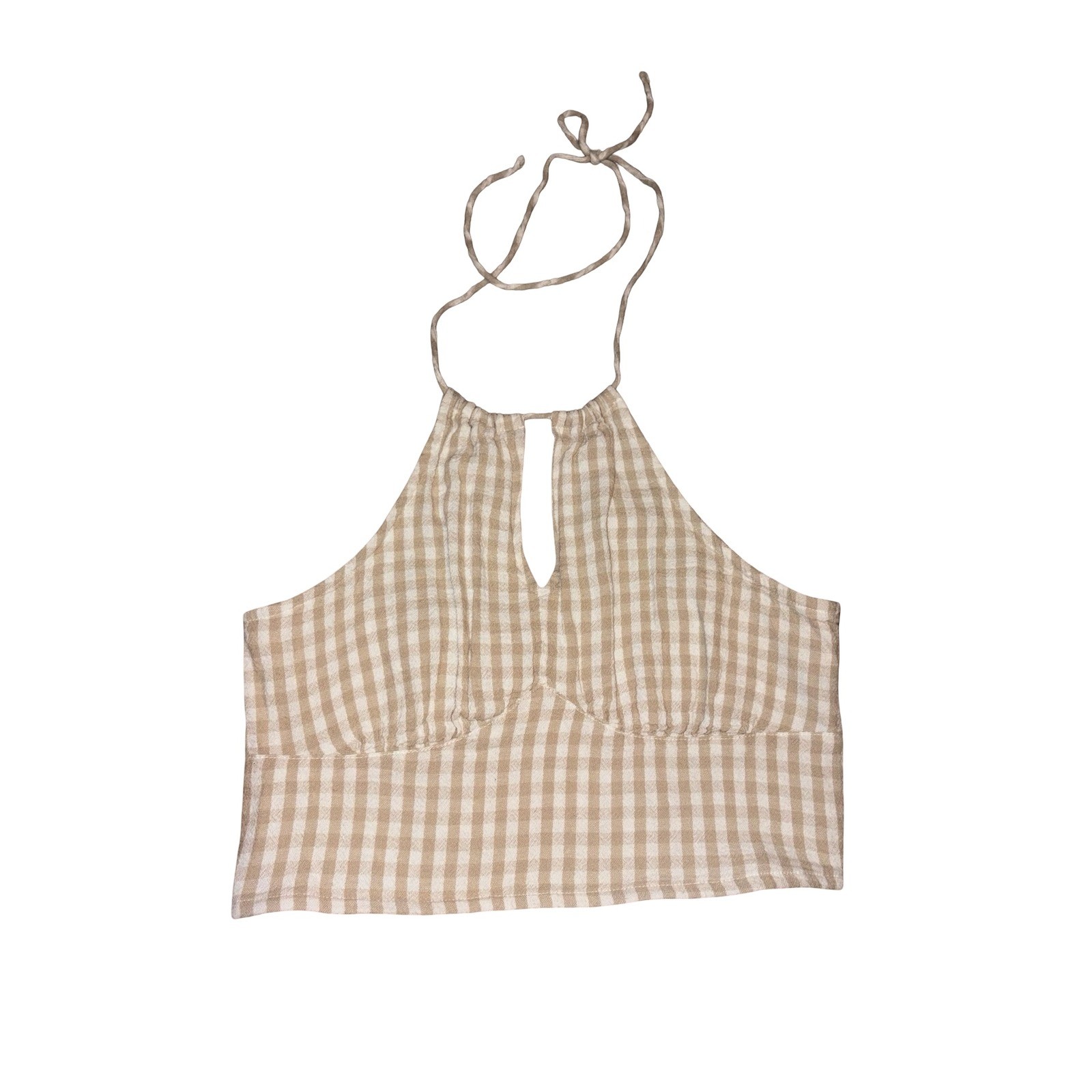 Hollister Tan White Gingham Halter Top Keyhole Smocked Back Crop Top Medium