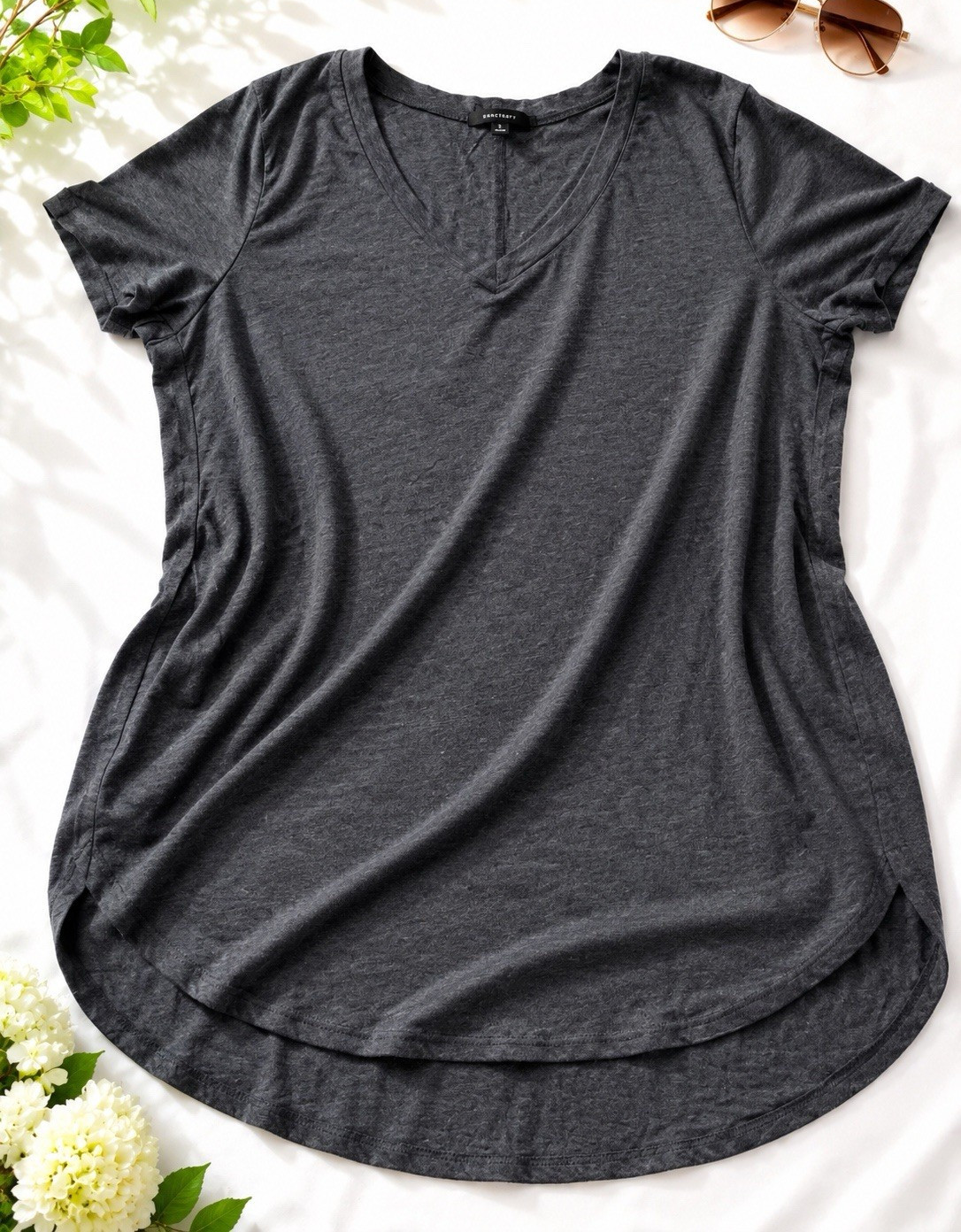 Ambiance Women’s Dark Gray Solid V-Neck Knit Short Sleeve T-Shirt Drape Back 1X