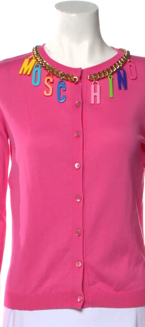 Moschino Couture BARBIE PINK Logo Letter Gold Chain Cardigan Sweater SMALL S