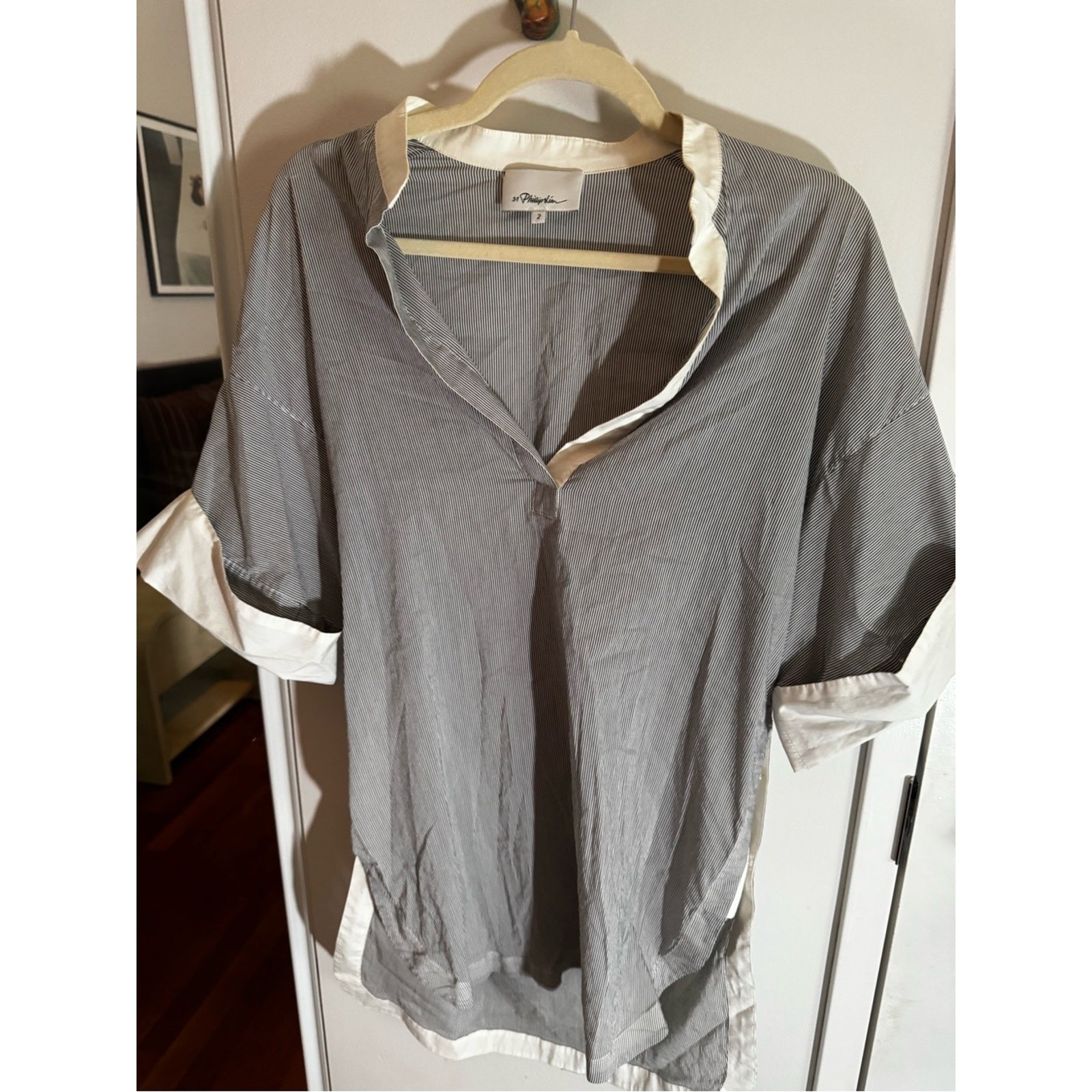 3.1 Phillip Lim Blue Gray Pinstripe Tunic with White Trim