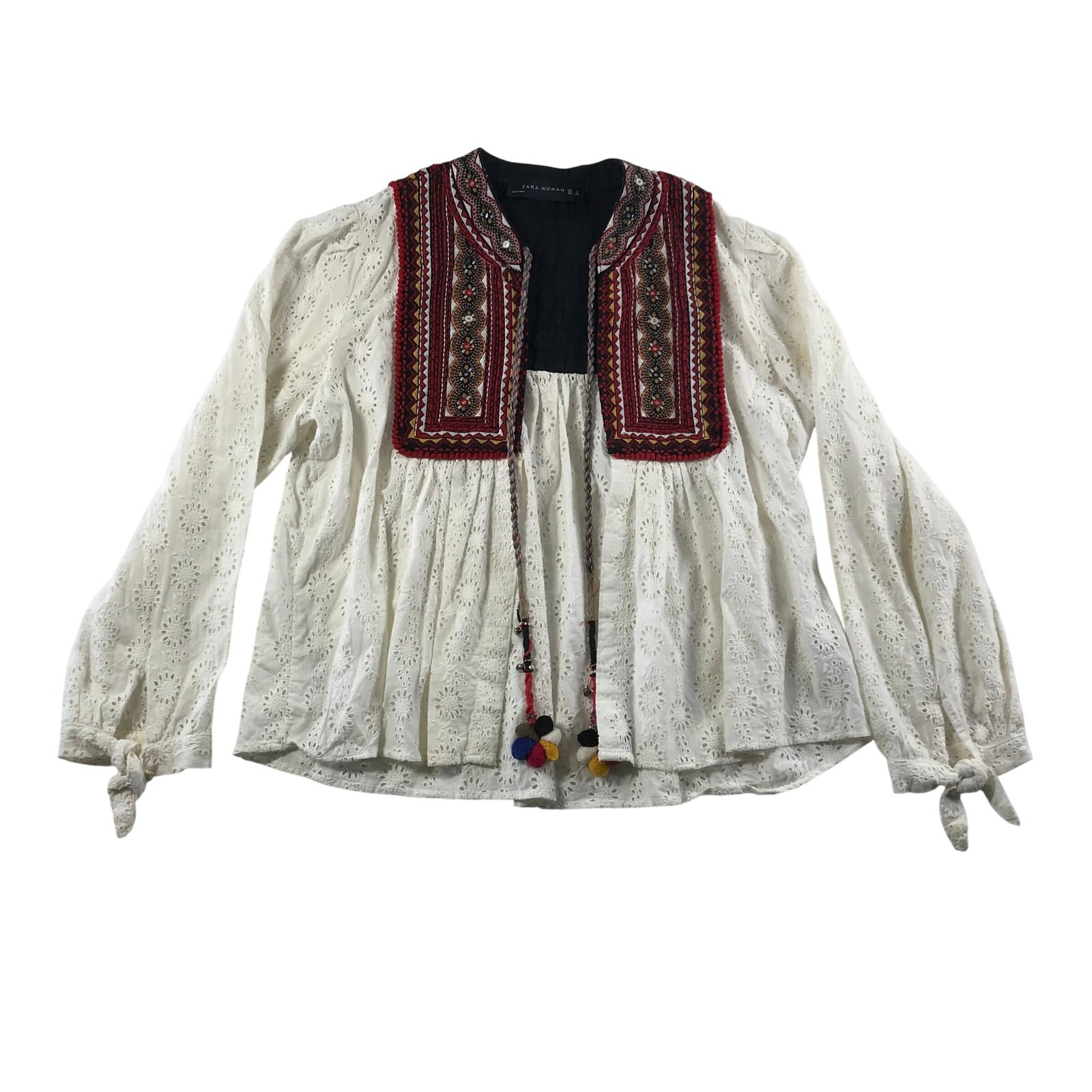 Zara Woman Boho Embroidered Eyelet Lace Blouse White Red Tassel Pom Pom XS