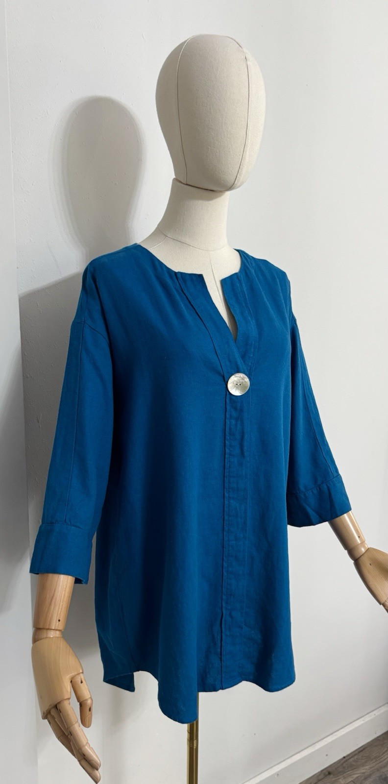 NWT Marc New York Size S Linen Viscose Tunic Teal Blue Mother Of Pearl Button