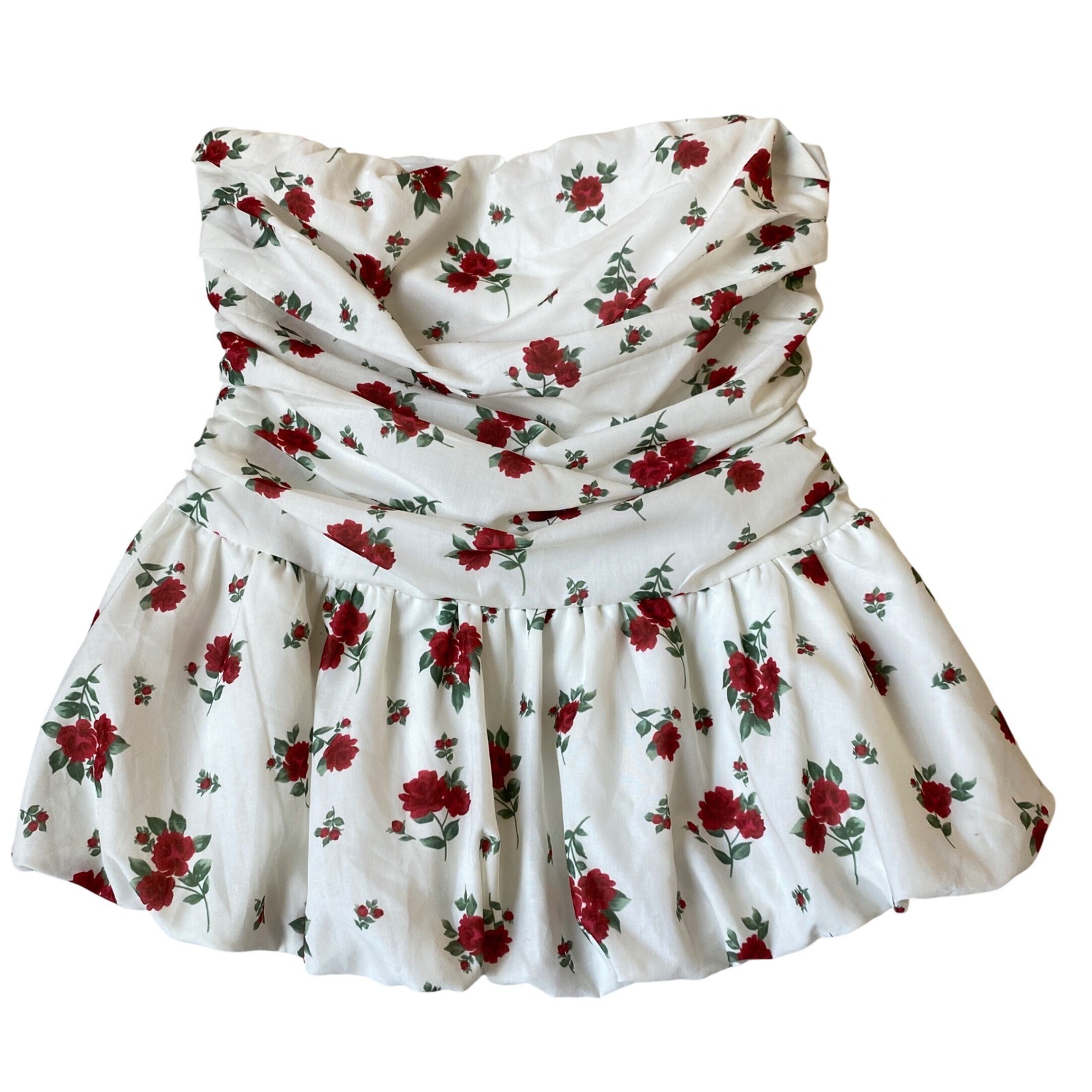 Women Floral peplum Strapless Top Women M White Red Rose Romantic Cottagecore