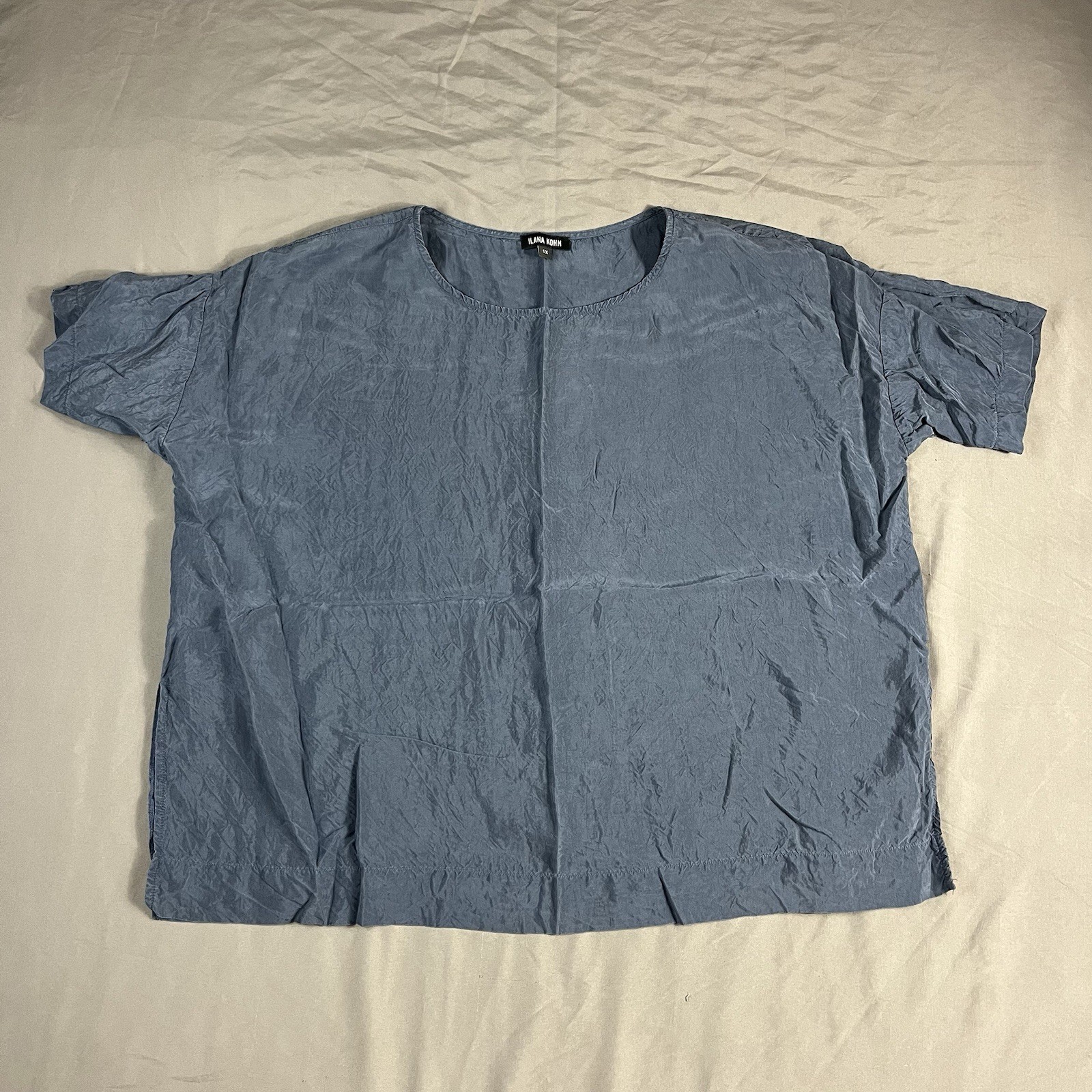 Ilana Kohn Short Sleeve Top Navy Blue Cupro Silk Boxy Made in NYC USA Size 1X XL