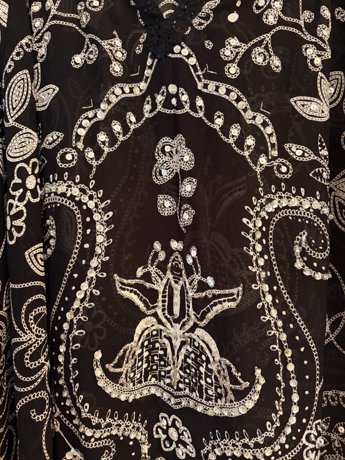 Vintage Bila XL Black Embroidered Sequin Beaded Boho Tunic Blouse Y2K