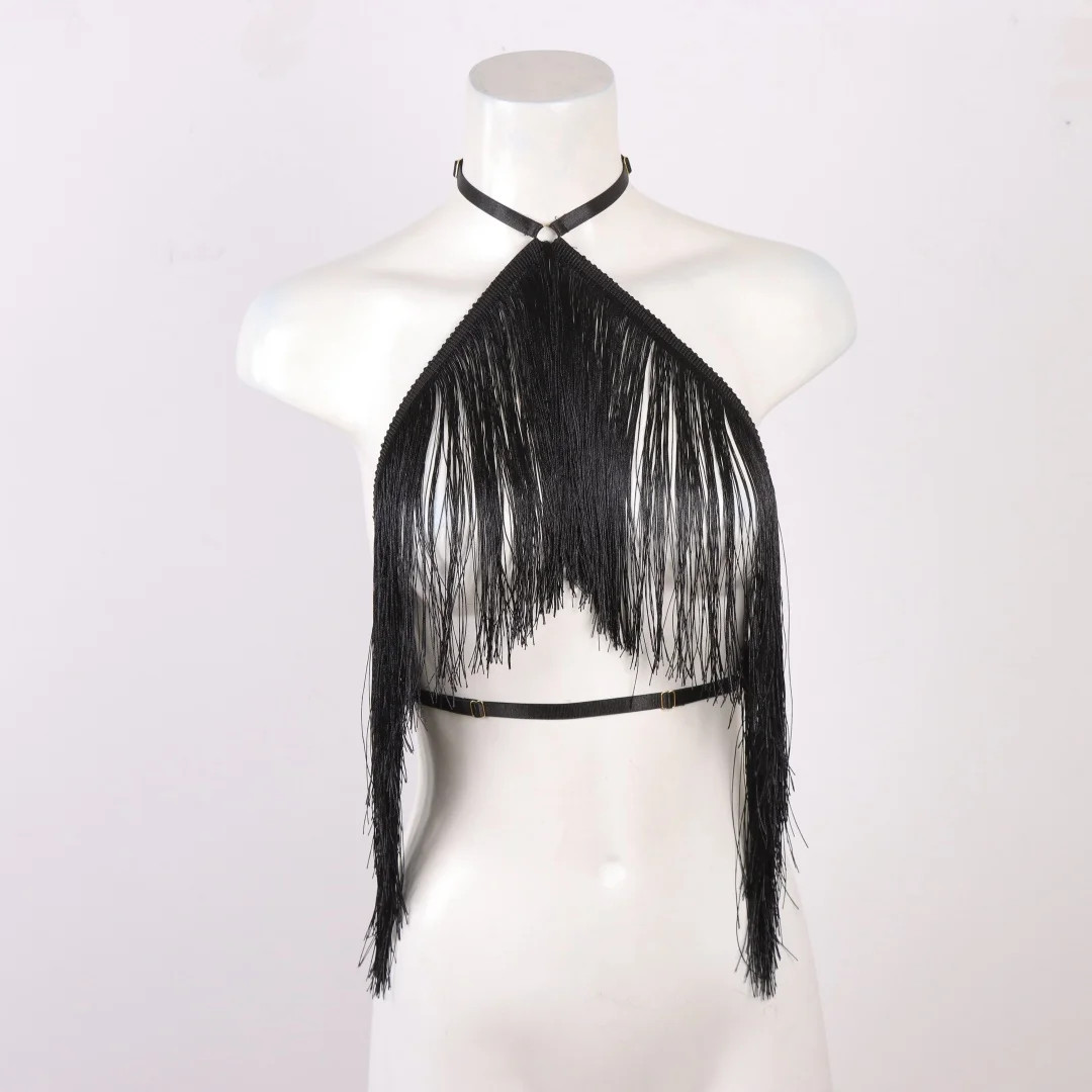 Women Black Halter Top Tassel Detail Adjustable Elastic Harness Casual Wear Belt