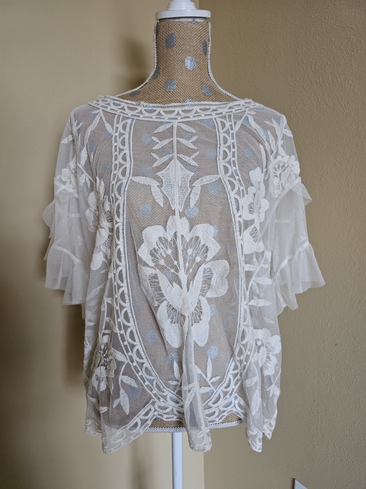 Umgee Short Sleeve Sheer Lace Floral Detailed Top Ivory Festival Boho Large