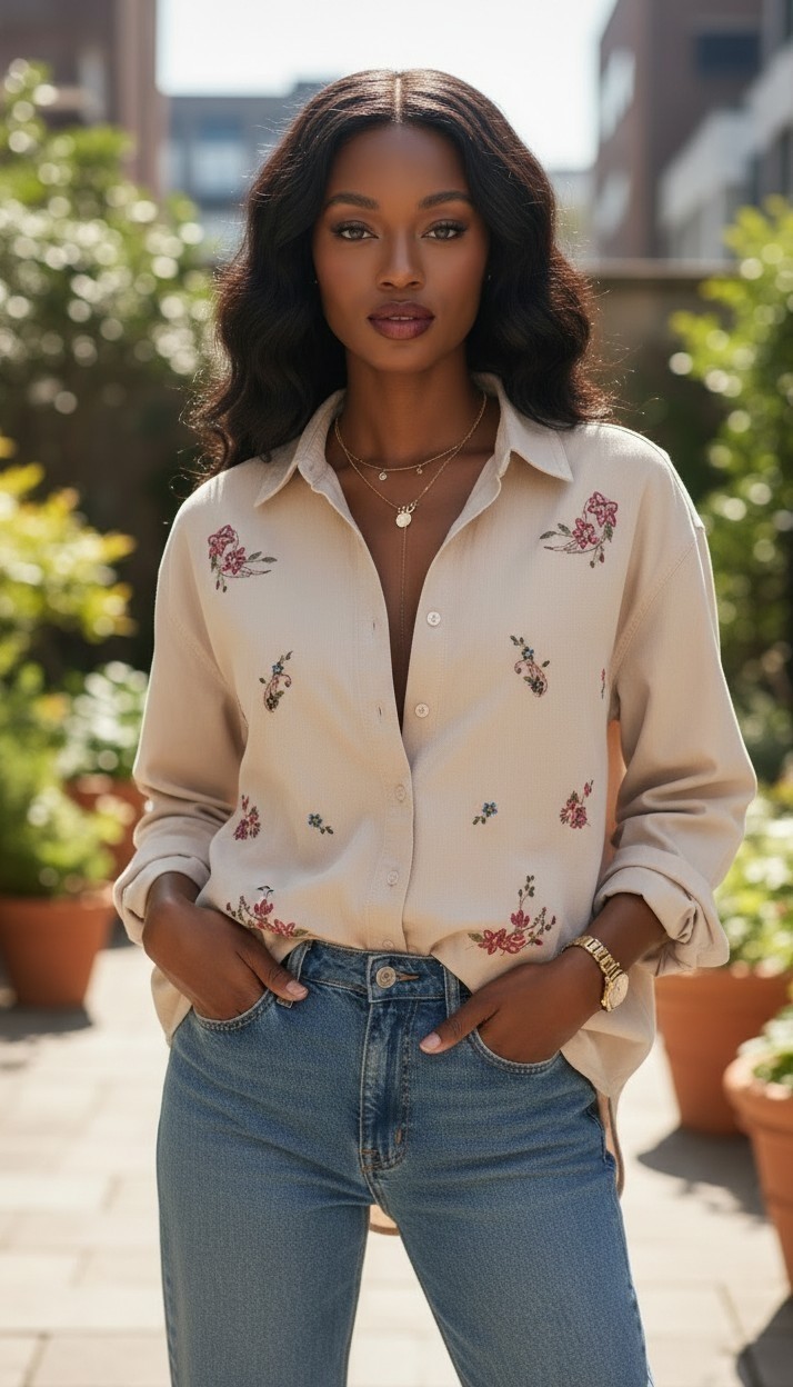 C.S.T. Sport Women’s 34W Beige Embroidered Floral Cotton Button Up Shirt Beaded