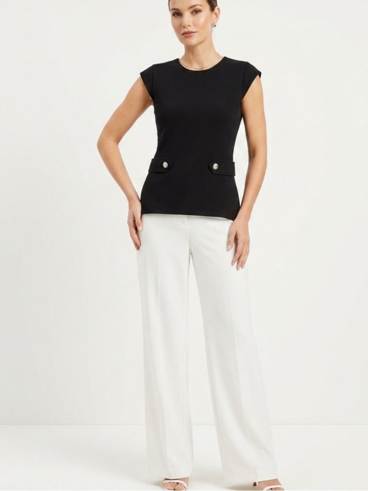 Ann Taylor Black Cap Sleeve Peplum-Style Top with Gold Button Tabs Detail Size M