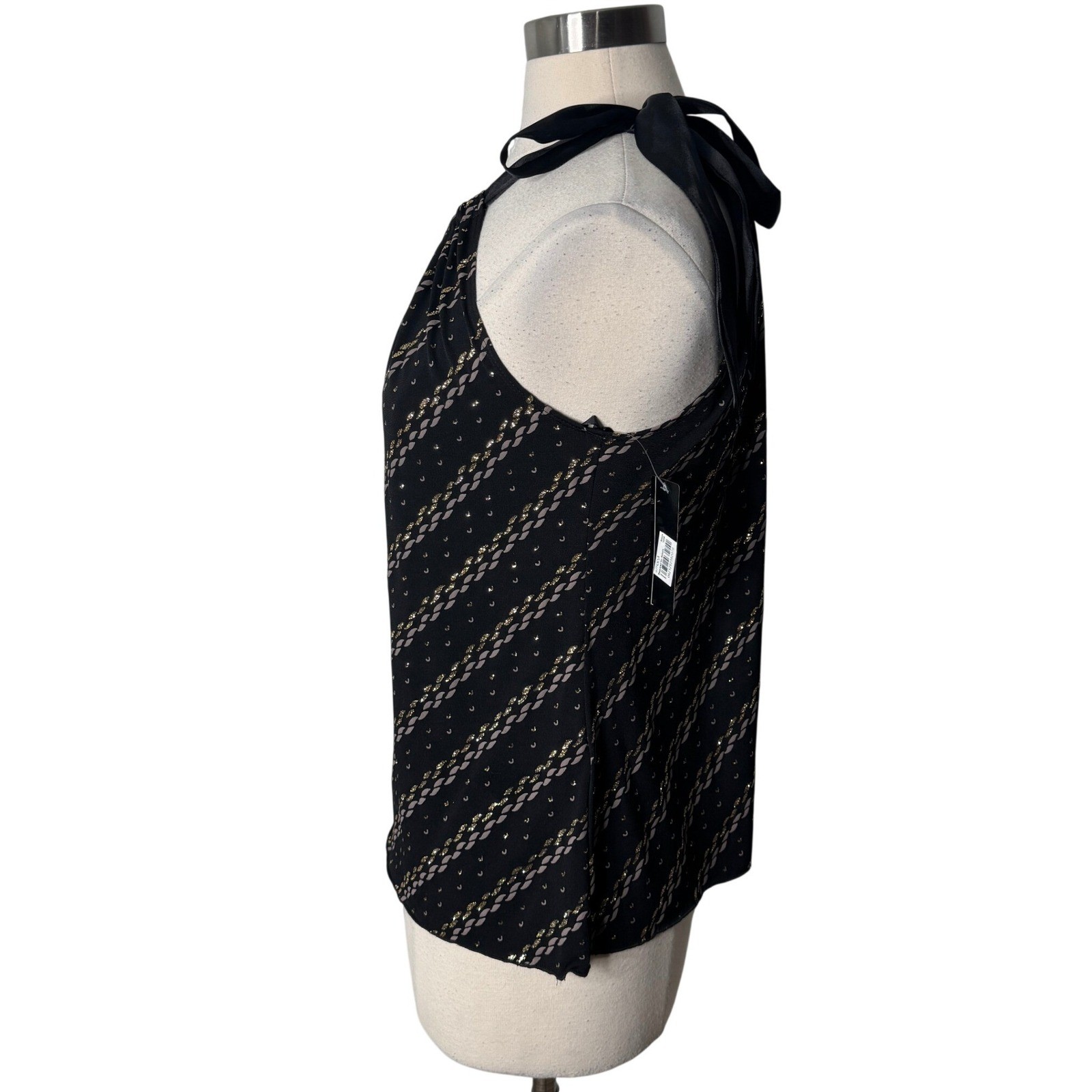 BCX Womens Halter Neck Top Black Gold Glitter Stripe Satin Bow Blouse Medium NEW
