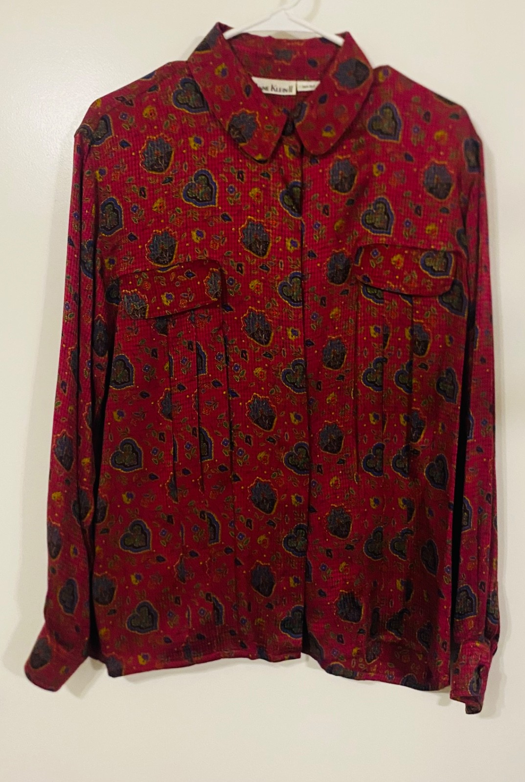 ANNE KLEIN WOMEN 100% SILK BLOUSE SZ 14 BUTTONS RED PAISLEY L/SLV ROUND COLLAR