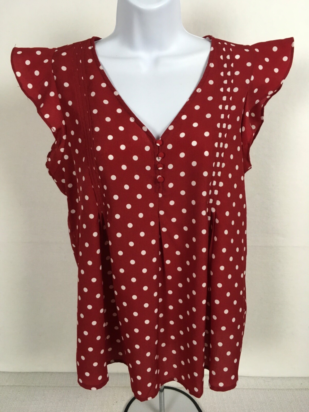 Wanna B Womens Top Size L Red w White Polka Dots Ruffled Sleeves Pleaded V neck