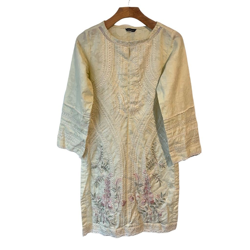 Sapphire Kurta Womens XS Yellow Embroidered Cotton Blouse Long Sleeve Party Wear