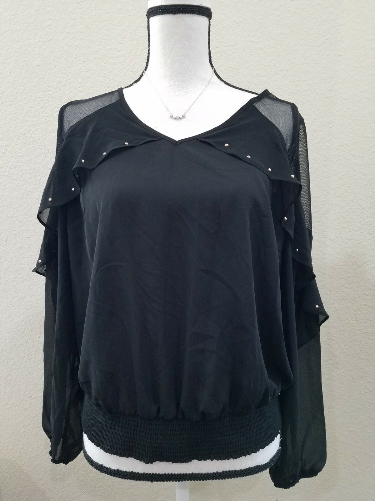 THALIA SODI Black Long ruffled sheer Sleeves V Neck Blouse Size SMALL**NEW**