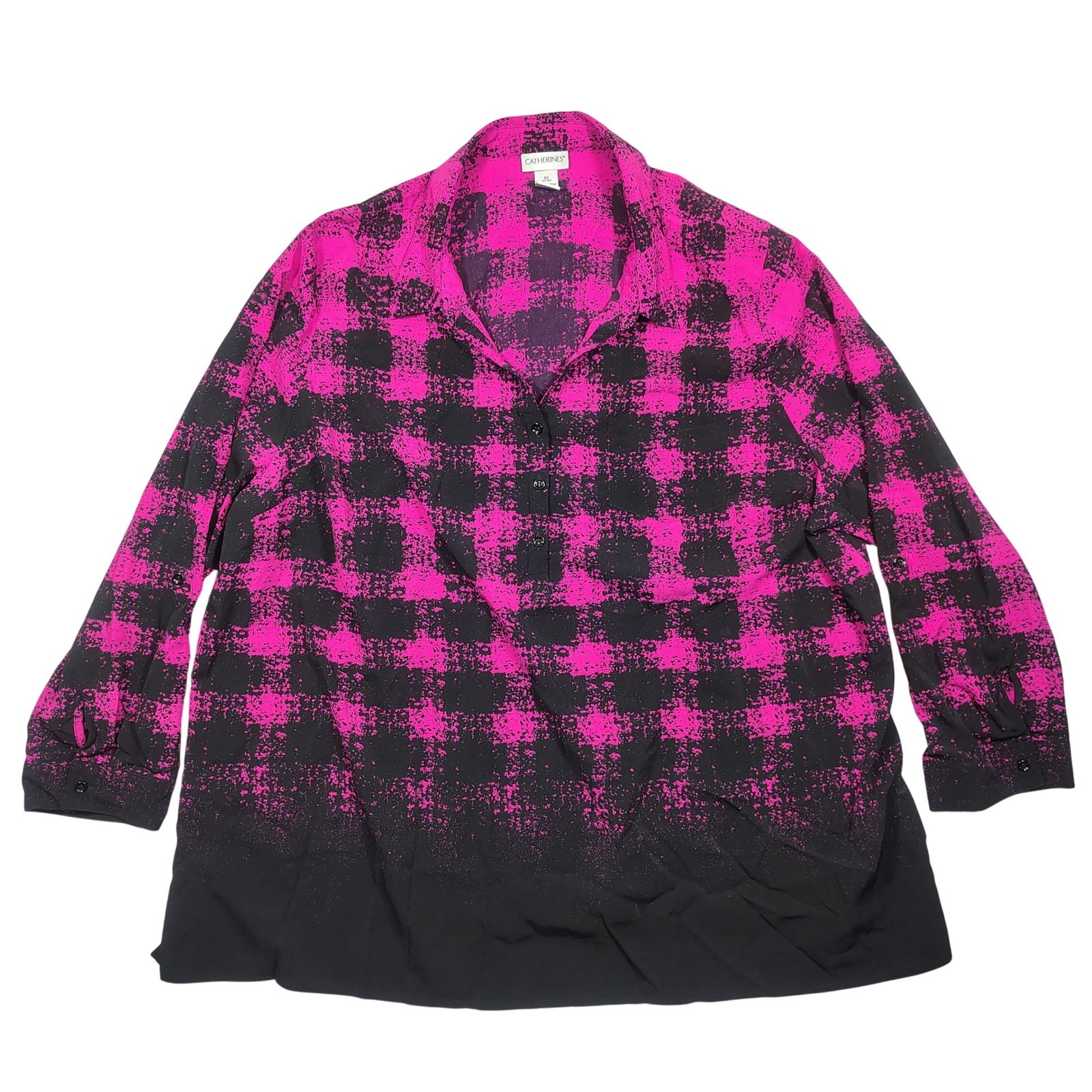 Catherines Tunic Blouse Women 3X Pink Blk Buffalo Plaid Ombre Polyester Spandex