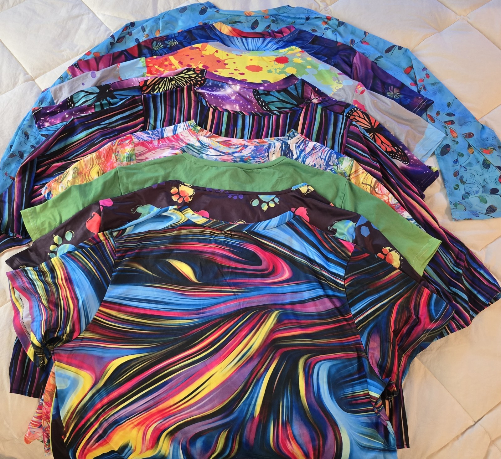Lot of 9 – Big Bright & Colorful Women’s Tops 5XL & a 6XL Artsy Pullover Shirts