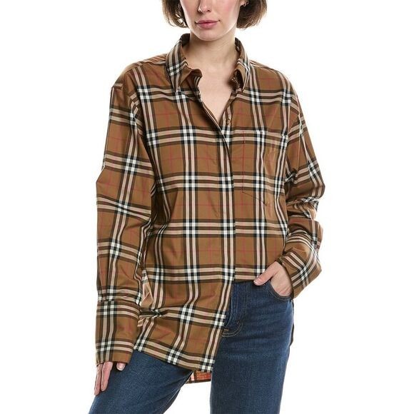 Receipt Burberry Women’s 6-8 Icion Check Shirt Taupe Brown Oversized Barrel Cuff