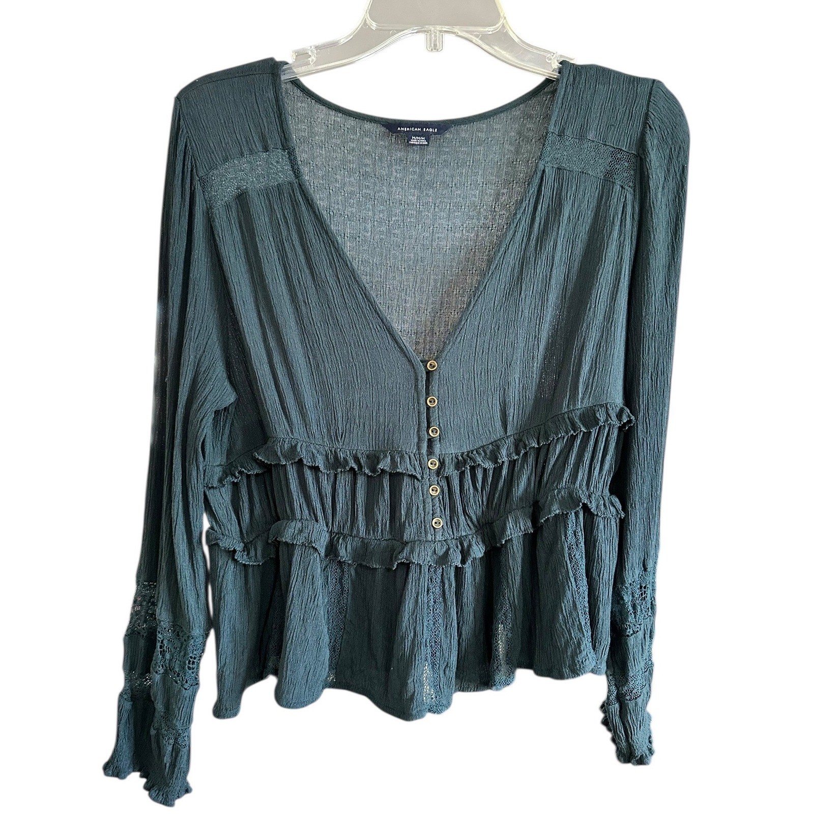 American Eagle Y2K Dark Green Lace Trim Peasant Blouse Top M Cottagecore Gypsy