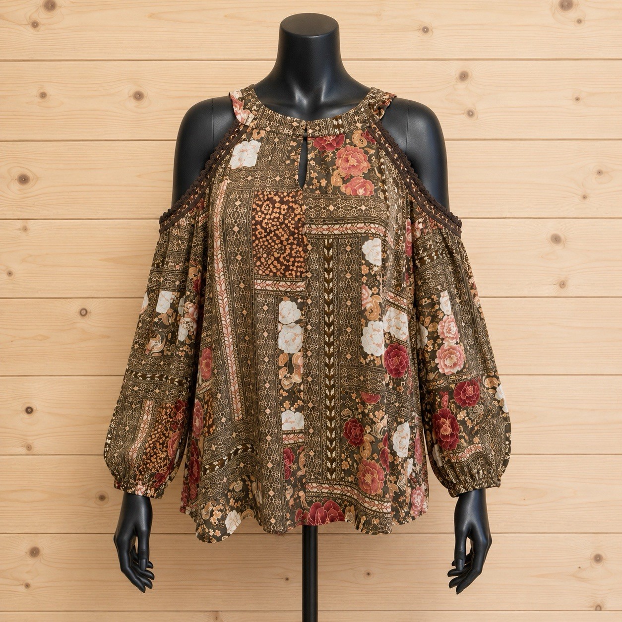 SOHO New York & Company Women’s XL Olive Floral Cold Shoulder Boho Blouse[F]