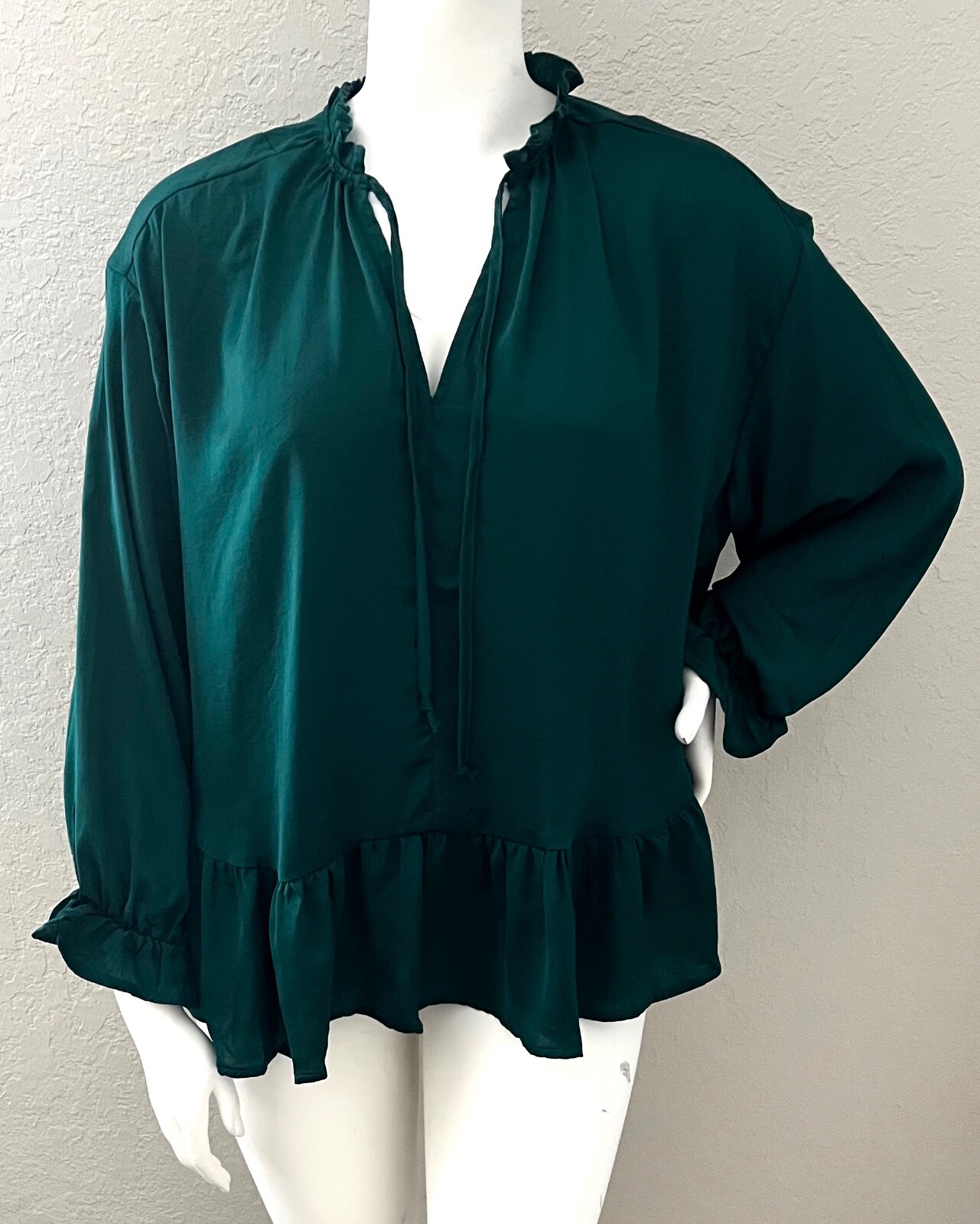 Umgee USA Ruffle Tie Neck Long Sleeve Top Blouse Forest Green Plus XL 1XL 2XL