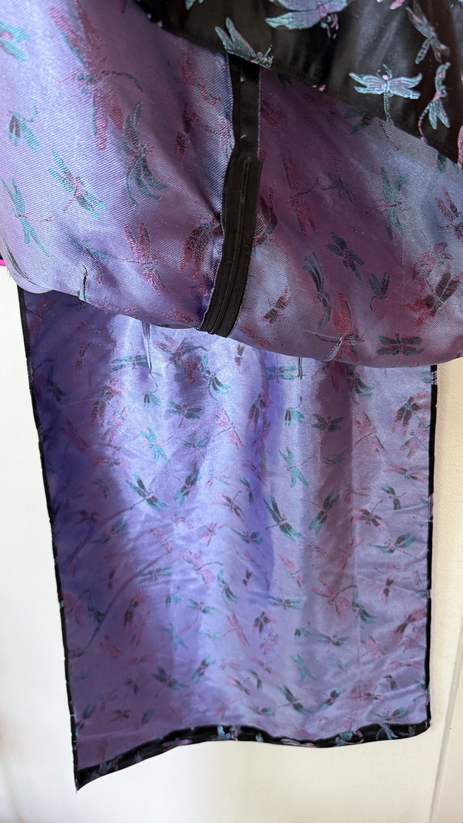 Vintage Asian Style Satin Tunic Dragonfly Print Black Side Slit Top Women S